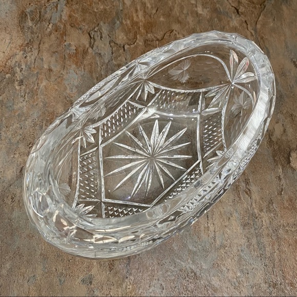 Vintage Cut To Clear Bohemian Czech Etched Clear Crystal Boat Bowl - Picture 12 of 12